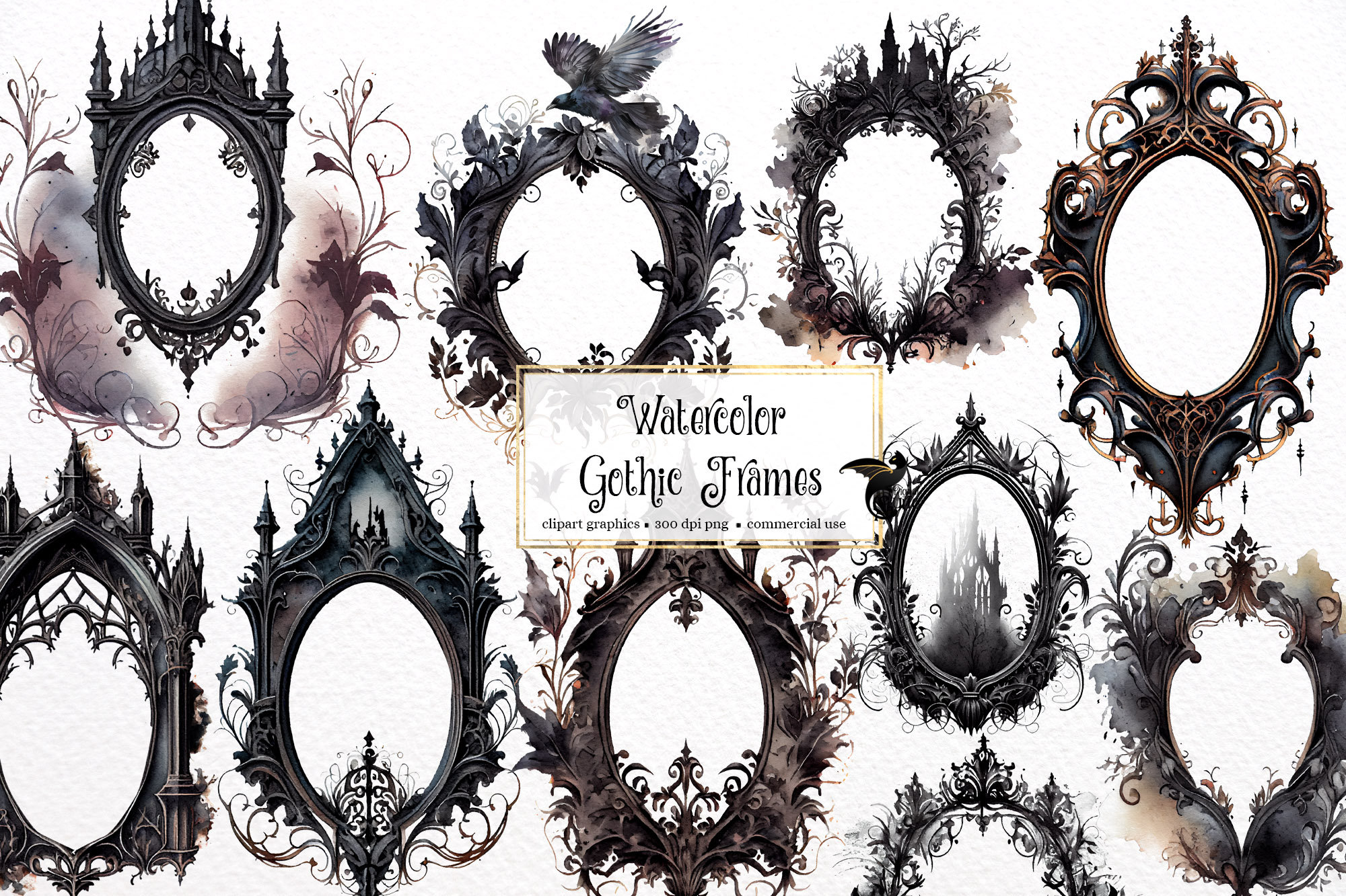 Watercolor Gothic Frames Clipart Dark Fantasy Watercolor Etsy Australia