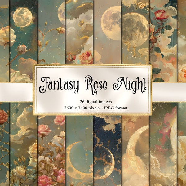 Fantasy Rose Night Digital Paper, celestial floral digital paper fantasy scrapbook pages printable paper instant download