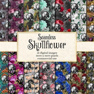 Skullflower Digital Paper, seamless Gothic skull patterns with skeletons and vintage flowers for printable instant download commercial use