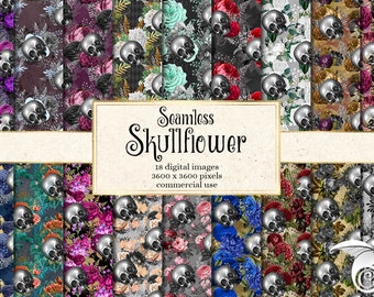 Gothic Skullflower Digital Paper, Seamless Floral Skull Patterns (Digital Download)