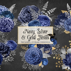 Navy Silver and Gold Floral Clipart bouquets and botanical elements with silver glitter and gold foil instant download for commercial use