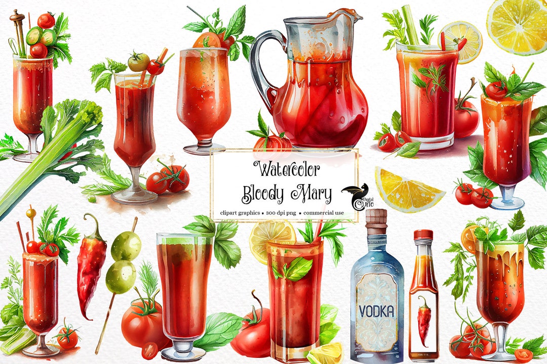 Watercolor Bloody Mary Clipart Digital Breakfast and Brunch Cocktail