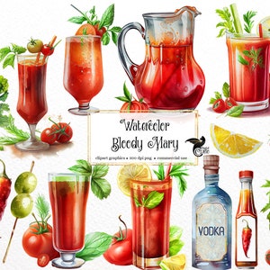 Acquerello Bloody Mary Clipart - grafica digitale per cocktail colazione e brunch per uso commerciale con download istantaneo