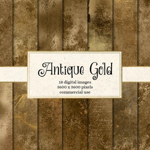 Könnte beinhalten: Eine Sammlung von 18 digitalen Bildern im antiken Gold-Thema. Die Bilder zeigen verschiedene Texturen und Muster in Braun- und Goldtönen. Der Text "Antique Gold" wird in einer dekorativen Schriftart zusammen mit Bildabmessungen und Nutzungsinformationen angezeigt.