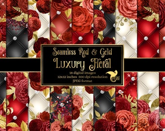 Rot und Gold Florales Digitales Papier - Luxuriöse, getuftete Hintergründe (nahtlos, digitaler Download)