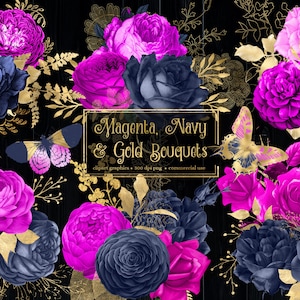 Magenta Navy and Gold Bouquets Floral Clip Art, digital instant download painted vintage watercolor png embellishments for commercial use