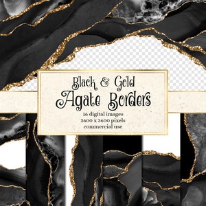 Black and Gold Agate Borders, digitale aquarel geode PNG-overlays met gouden glitter voor commercieel gebruik in huwelijksuitnodiging of webdesign
