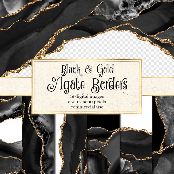 Black and Gold Agate Borders, digital watercolor geode PNG overlays with gold glitter for commercial use in wedding invitation or web design