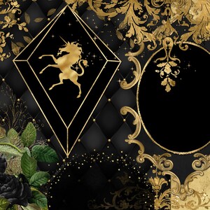 Black and Gold Unicorn Clipart, Digital Scrapbooking Kit (digital ...