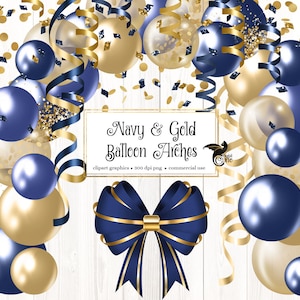 Navy and Gold Balloon Arch Clipart, blue balloon png digital overlays with ribbons and confetti instant download commercial use