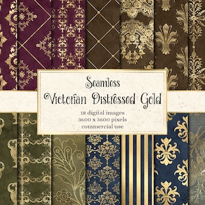 Victorian Distressed  Gold Digital Paper, ornate seamless patterns with damask grunge textures for commercial use