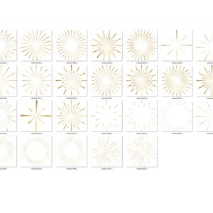 May include: A set of 30 gold glitter sunburst graphic design elements. The sunbursts are in various sizes and shapes, with some having a more circular shape and others having a more star-like shape.