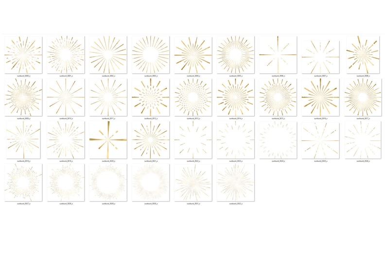 May include: A set of 30 gold glitter sunburst graphic design elements. The sunbursts are in various sizes and shapes, with some having a more circular shape and others having a more star-like shape.