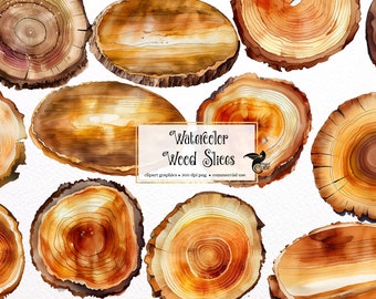 Watercolor Wood Slices Clipart – Rustic Frames PNG (Digital Download)