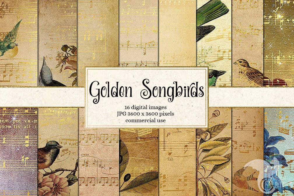 Gold Songbird Digital Paper, Vintage Scrapbook, Antique Sheet Music Digital Paper Pack, Decoupage, Bird Backgrounds Gold Collage Song Birds