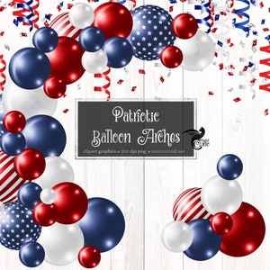 Patriotic Balloon Arch Clipart, balloon png digital overlays with ribbons and confetti instant download commercial use