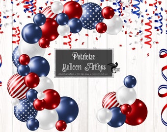 Patriotic Balloon Arch Clipart, balloon png digital overlays with ribbons and confetti instant download commercial use