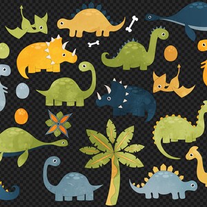 May include: A collection of colorful cartoon dinosaurs in various poses, including a green dinosaur with a long neck, a blue dinosaur with spikes, and a yellow dinosaur with three horns. The dinosaurs are on a black and white checkered background.