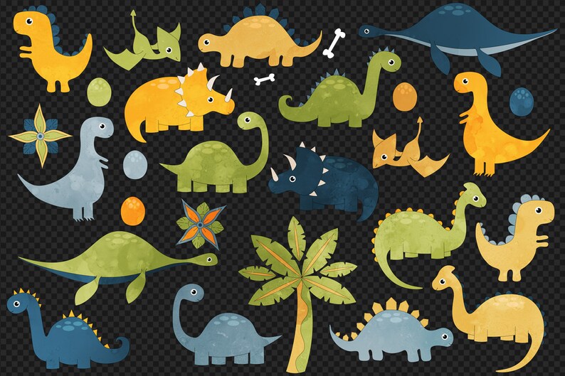 May include: A collection of colorful cartoon dinosaurs in various poses, including a green dinosaur with a long neck, a blue dinosaur with spikes, and a yellow dinosaur with three horns. The dinosaurs are on a black and white checkered background.