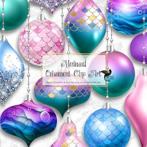 Mermaid Christmas Ornaments Clipart, digital Christmas ball ornament clip art in png format for commercial use