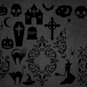 Puede incluir: Conjunto de im&aacute;genes predise&ntilde;adas de Halloween en blanco y negro con una variedad de elementos espeluznantes y caprichosos, que incluyen una casa encantada, una cruz, un ata&uacute;d, una telara&ntilde;a, una bruja, un fantasma, un murci&eacute;lago, una calabaza, una calavera, un gato y una variedad de dise&ntilde;os florales ornamentados.