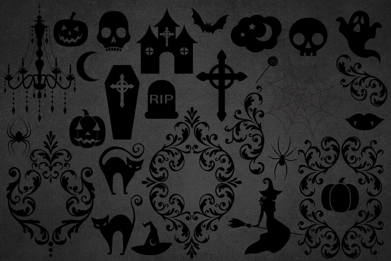 Puede incluir: Conjunto de im&aacute;genes predise&ntilde;adas de Halloween en blanco y negro con una variedad de elementos espeluznantes y caprichosos, que incluyen una casa encantada, una cruz, un ata&uacute;d, una telara&ntilde;a, una bruja, un fantasma, un murci&eacute;lago, una calabaza, una calavera, un gato y una variedad de dise&ntilde;os florales ornamentados.