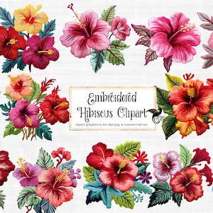 Bestickte Hibiskus Clipart - niedliche Stickerei tropische Blumen PNG-Format sofortiger Download für kommerzielle Nutzung