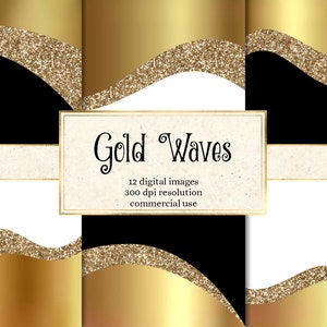 Gold Waves Digital Paper - gold glitter backgrounds and ombre gradients instant download for commercial use