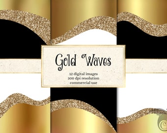 Gold Waves Digital Paper - gold glitter backgrounds and ombre gradients instant download for commercial use