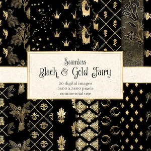 Black and Gold Fairy Digital Paper, seamless textures with golden fairies patterns printable scrapbook paper for commercial use