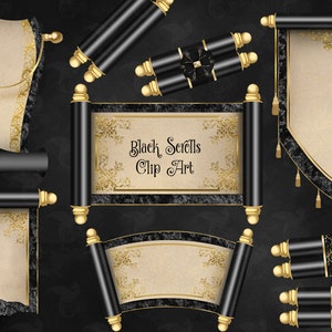 Puede incluir: Un conjunto de imágenes de clip art de pergaminos negros y dorados. Los pergaminos tienen un fondo negro con bordes dorados y una textura de pergamino. Los pergaminos son de varias formas y tamaños, incluyendo una pancarta, un pergamino largo y un pergamino corto. El texto "Black Scrolls Clip Art" está escrito en uno de los pergaminos.