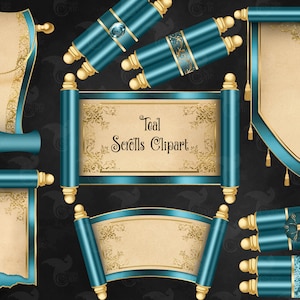 Teal Scrolls Clipart - ClipArt di arazzi digitali per il download istantaneo di disegni fantasy magici per uso commerciale