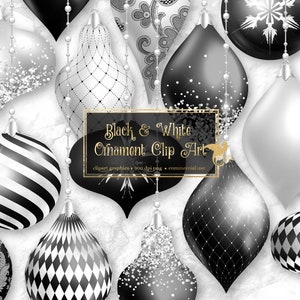 Black and White Christmas Ornaments Clipart, digital glitter Christmas ball ornament clip art in png format for commercial use