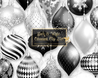 Black and White Christmas Ornaments Clipart, digital glitter Christmas ball ornament clip art in png format for commercial use