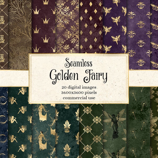 Golden Fairy Digital Paper, seamless textures with gold fairy patterns printable scrapbook paper for commercial use