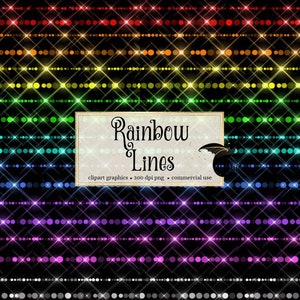 May include: A digital graphic design featuring a rainbow pattern of glowing circles on a black background. The text "Rainbow Lines" is in a vintage style font on a white rectangle with a black border.