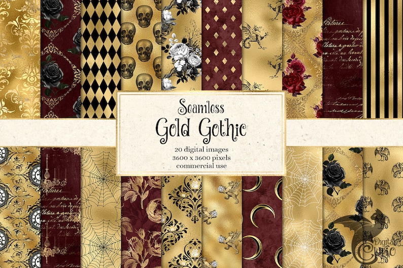 Gold Gothic Digital Paper, Skull Damask Halloween Scrapbook Paper ...