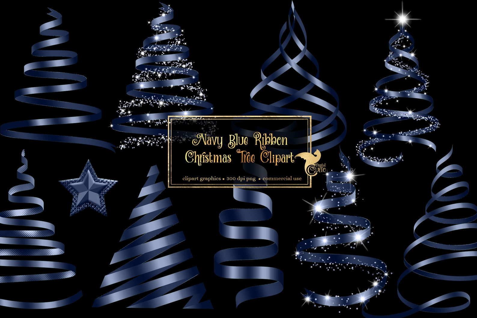 Navy Blue Ribbon Christmas Tree Clip Art Digital Holiday Etsy
