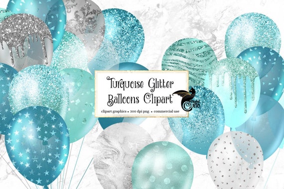 Turquoise Glitter Balloons Clipart teal aqua and silver | Etsy