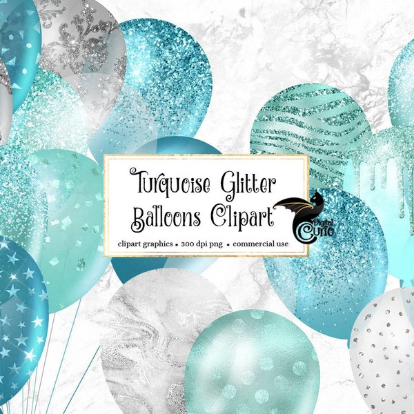 Turquoise Glitter Balloons Clipart, teal aqua and silver glitter party clipart in PNG format instant download for commercial use