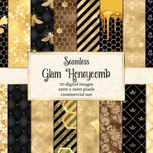 Glam Honeycomb Digital Paper, seamless patterns, honey bee backgrounds, glitter bee printable scrapbook paper, commercial use