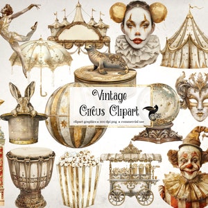 Clipart de circo vintage: imágenes prediseñadas de mascarada de carnaval antigua en formato PNG para uso comercial