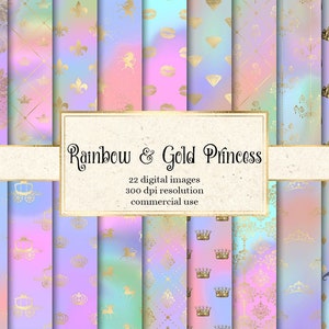 Rainbow and Gold Princess Digital Paper, gold fairy princess patterns pastel printable scrapbook backgrounds commercial use