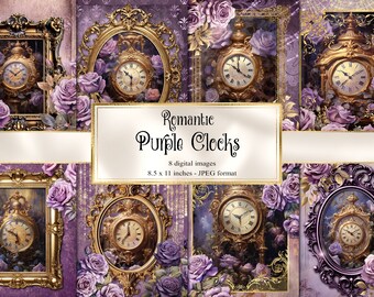 Purple Roses Clock Junk Journal Paper, Rococo Printable (Digital Download)