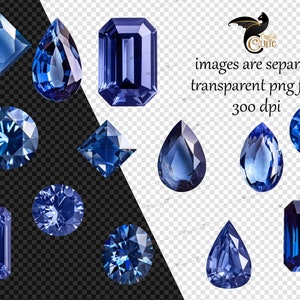 Puede incluir: Una colecci&oacute;n de gemas azules de varias formas, incluyendo cortes cuadrados, de pera, redondos y esmeralda. Las gemas se muestran sobre un fondo transparente, con texto que indica que son archivos PNG separados a 300 ppp.