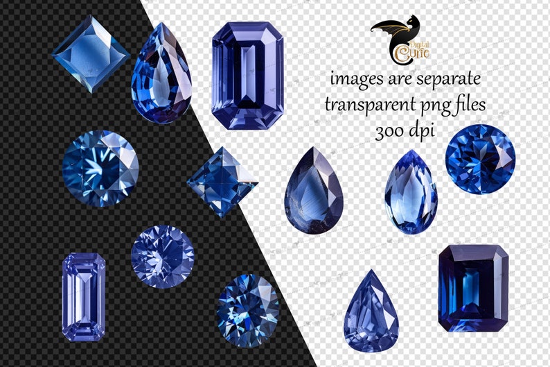 Puede incluir: Una colecci&oacute;n de gemas azules de varias formas, incluyendo cortes cuadrados, de pera, redondos y esmeralda. Las gemas se muestran sobre un fondo transparente, con texto que indica que son archivos PNG separados a 300 ppp.