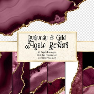 Burgundy en Gold Agate Borders, digitale aquarel geode PNG-overlays met gouden glitter voor direct commercieel gebruik