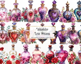 May include: Watercolor illustrations of love potion bottles with gold accents and hearts. The bottles are surrounded by pink and red roses.