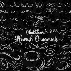 Clipart di ornamenti floreali di lavagna, elementi di testo vintage, clip art di svolazzi ornamentali, texture di insegne di lavagna tipografica
