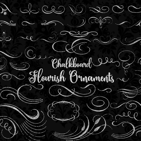 Chalkboard Flourish Ornaments Clipart, vintage text elements, ornamental swash clip art, typographic chalk blackboard sign texture